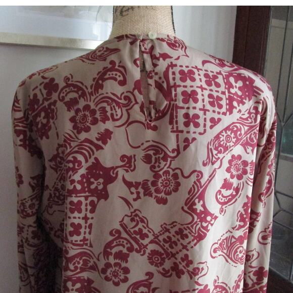 Vintage 80s 90s New Editions Taupe Maroon Abstract Blouse Size L Long Sleeve - Picture 7 of 15